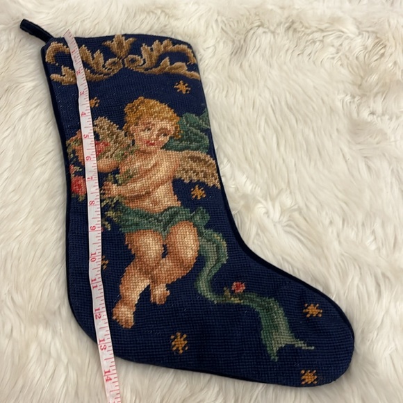 Vintage Needlepoint Stocking Cherub Angel Navy Blue Velour Christmas Wool - Picture 5 of 7